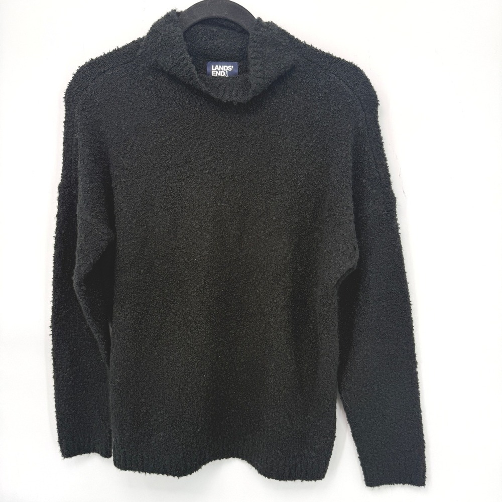 Lands End NWOT Teddy Cowl Neck Sweater Women S Black Boucle Soft Cozy Minimalist